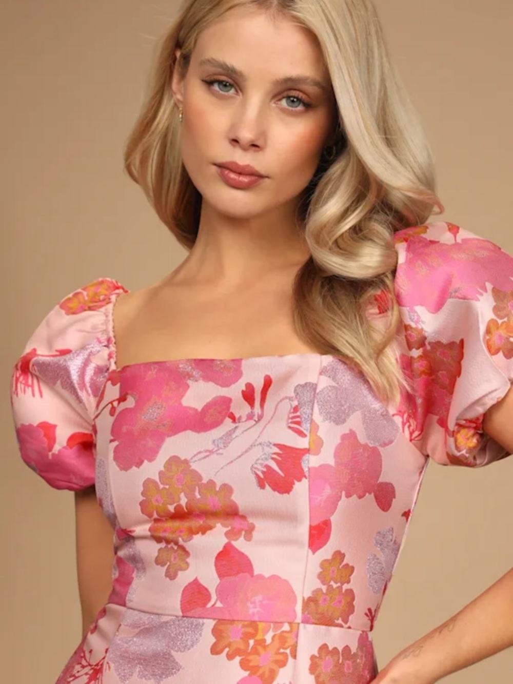 Lulus So Stunning Light Pink Floral Jacquard Puff Sleeve Mini Dress - Picture 3 of 4